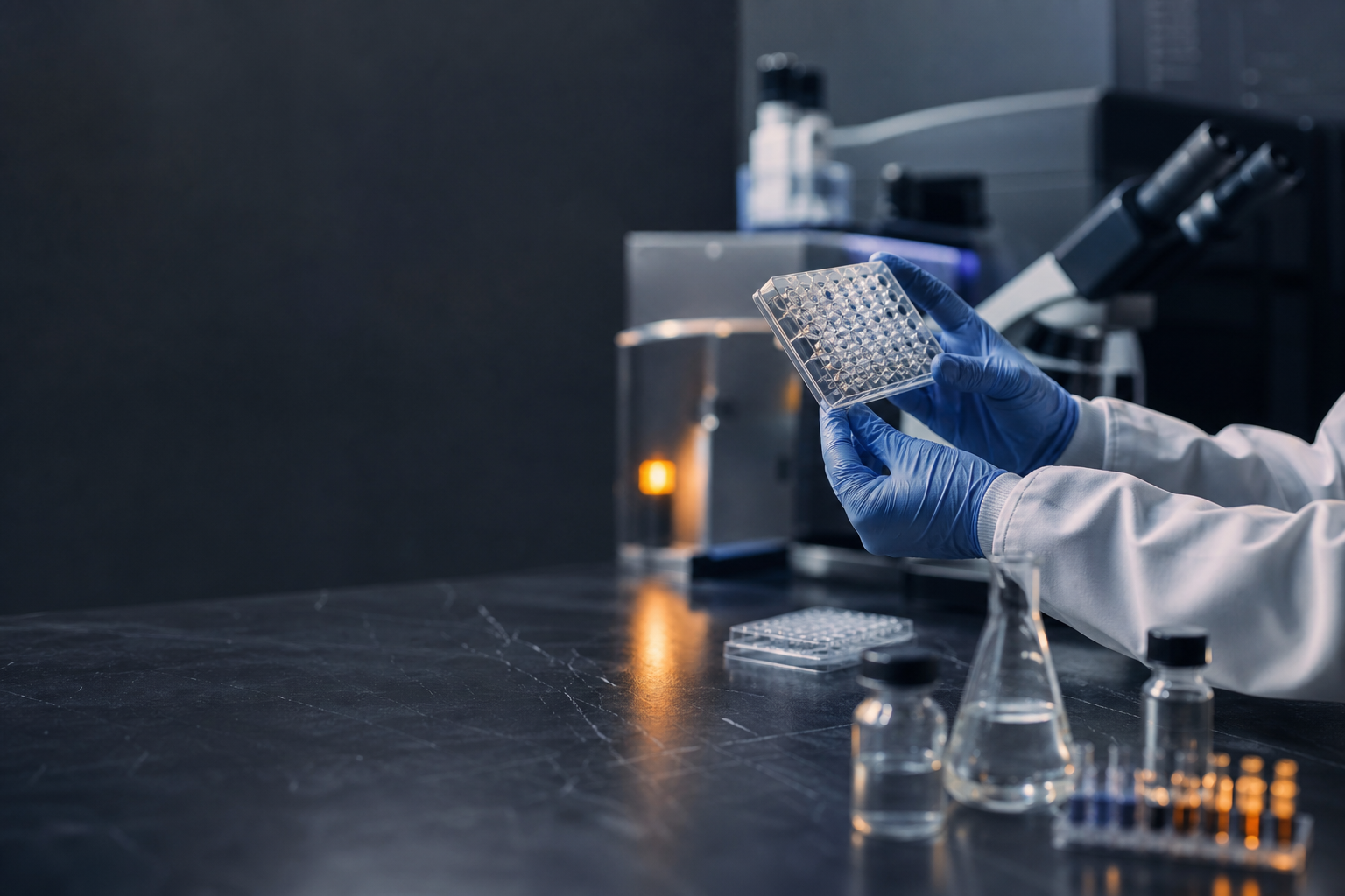 Scientist examining a microplate in a pharmaceutical research laboratory